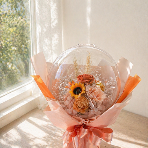 韓国バルーンフラワーブーケオレンジ♡花束♡プレゼント プリザーブド