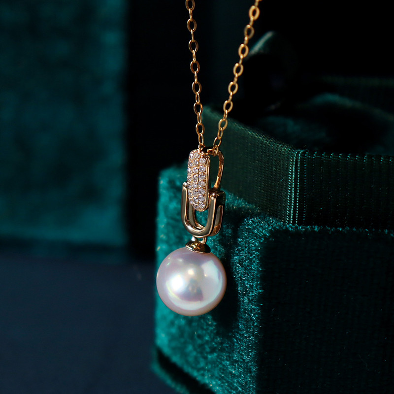 【La Corser】日本製天然7-9.5mmアコヤ真珠ペンダントネックレス シングル 18Kゴールド ダイヤモンド ラウンド