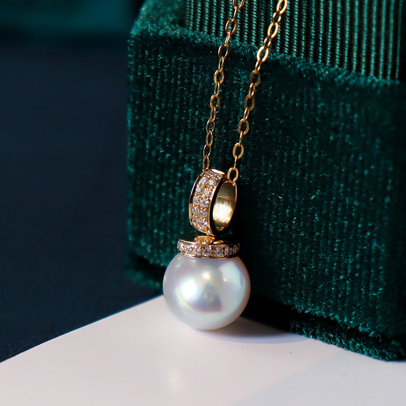 【La Corser】日本製天然海水7-10mmアコヤ真珠ペンダントネックレス シングル18Kゴールドインレイダイヤモンド鎖骨チ