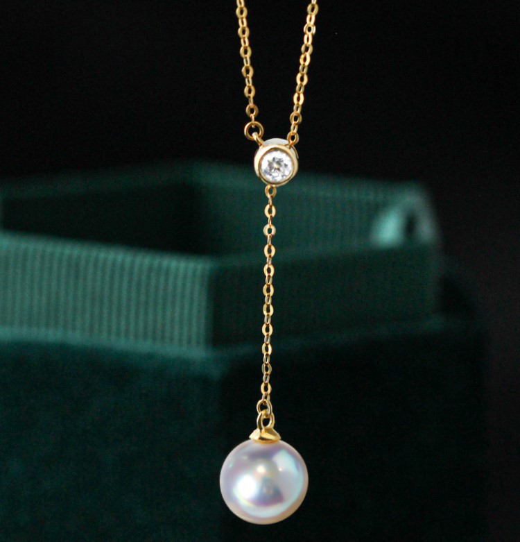 【La Corser】18Kゴールド Y字型 調節可能チェーン 日本製 7.5-10mm アコヤ真珠 ペンダントネックレス 天珠