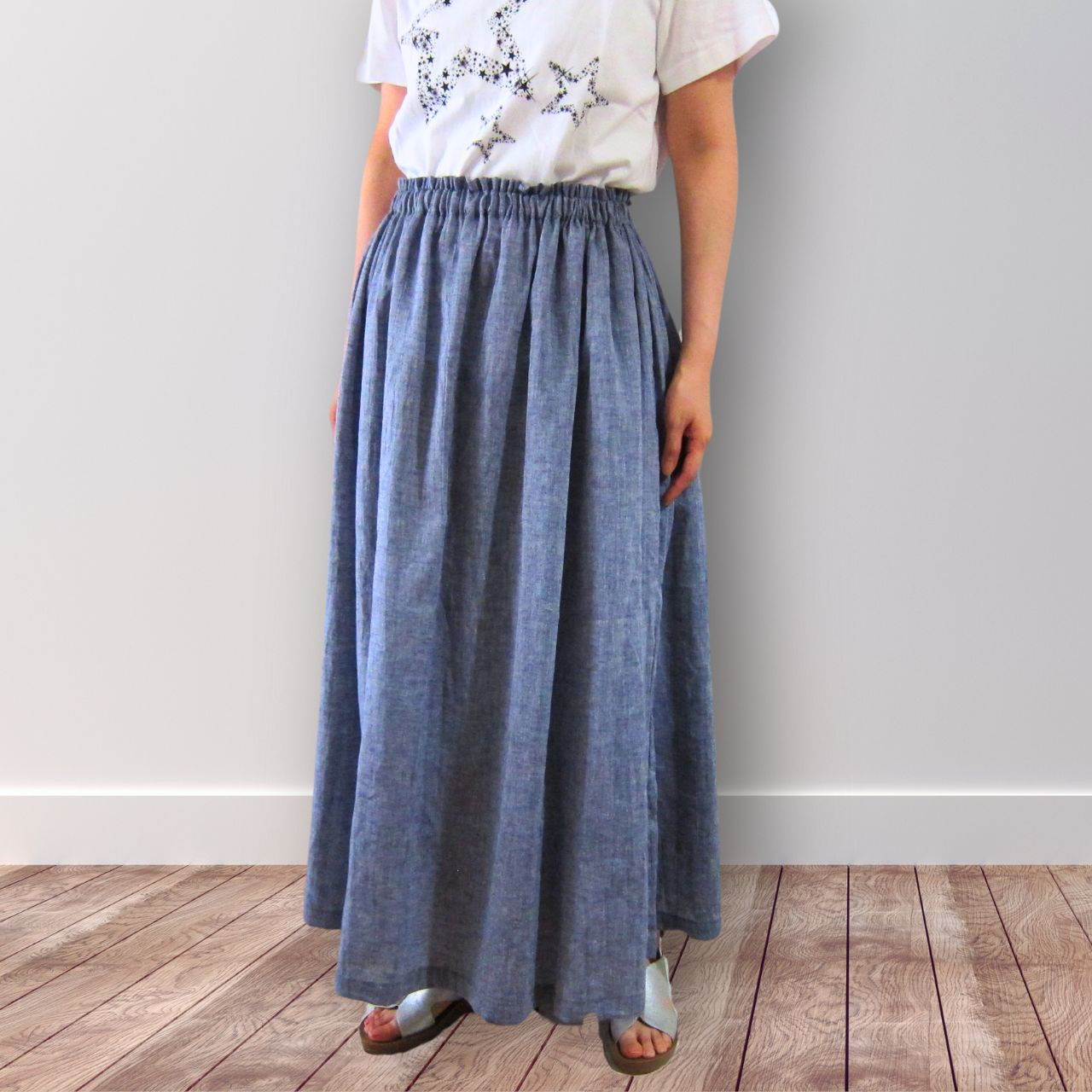 ハーフリネンダンガリーのロングスカート ネイビー