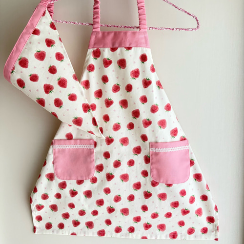 子どもエプロン 90～140 三角巾セット いちご アイボリー ＊受注製作