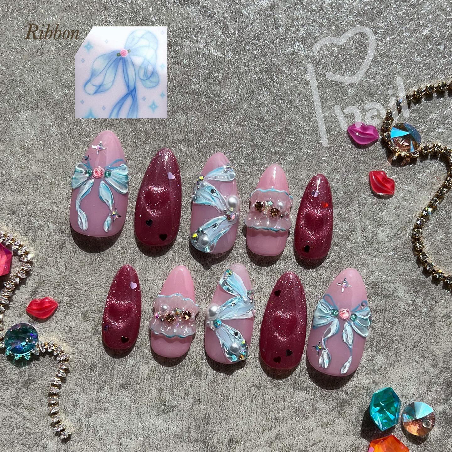 ♡Twinkle Ribbon♡ワンホンネイル　リボン　ロングネイル