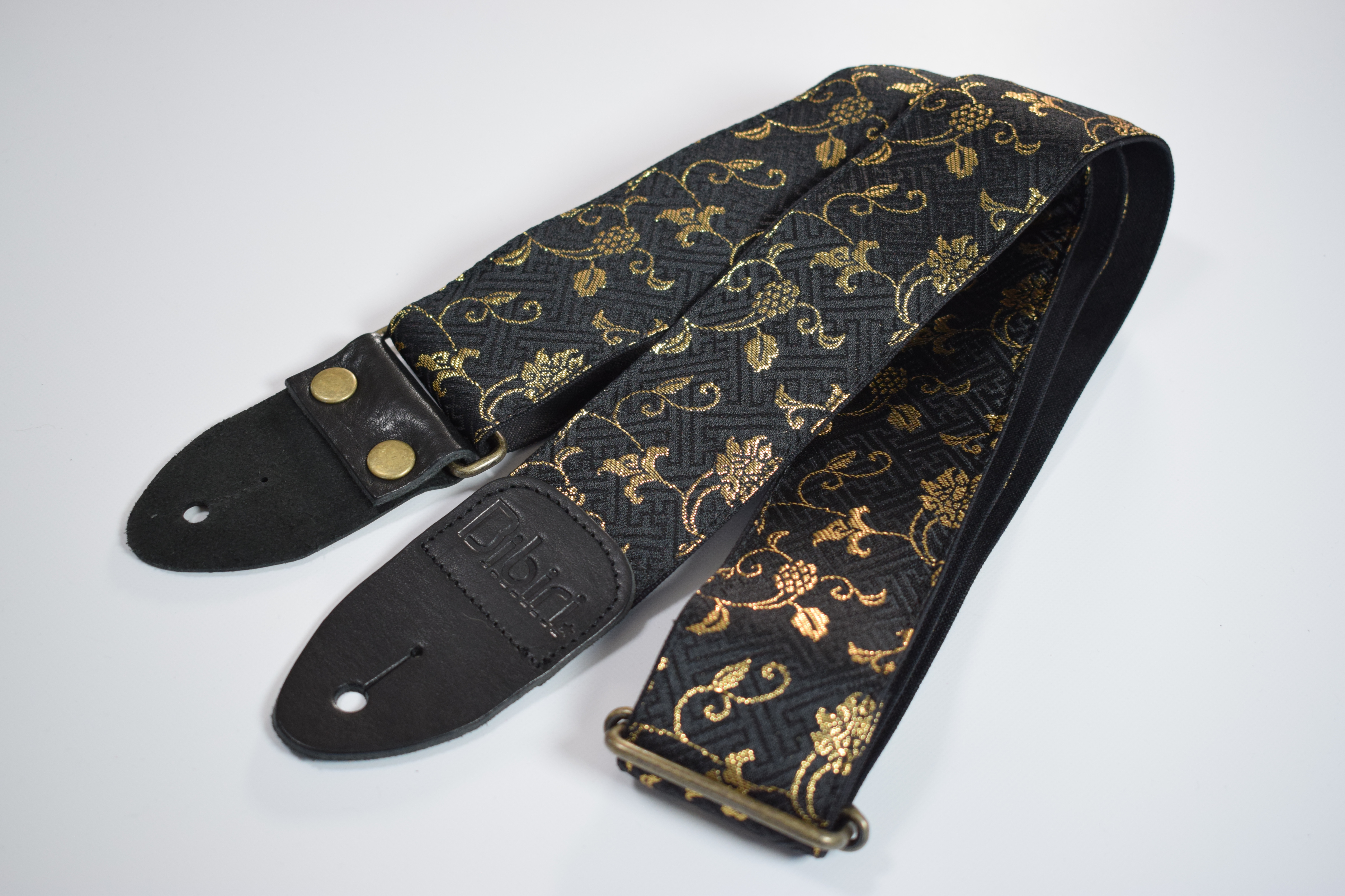 蔦　帆布ギターストラップ（黒）京都金襴