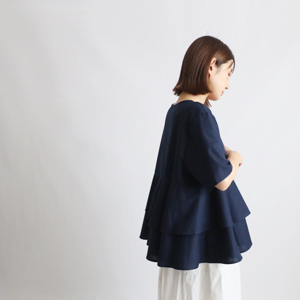 最終ＳＡＬＥ　上質ギマ擬麻コットン　ティアード フリル ブラウス  ゆったり プルオーバー シャツ紺F14B