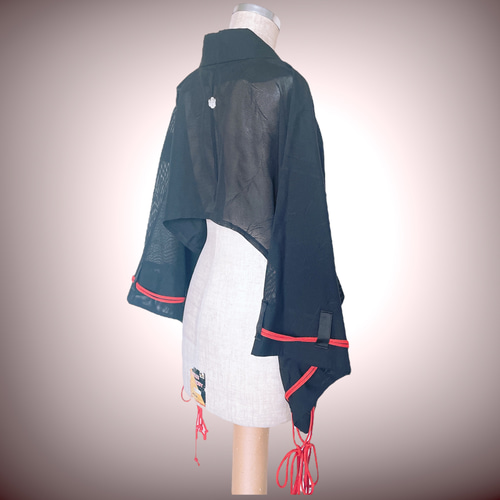 着物　反物　　美織 ブラック×レッド slant stripes＊銘仙 黒 オーキッドピンク アンティーク銘仙着物