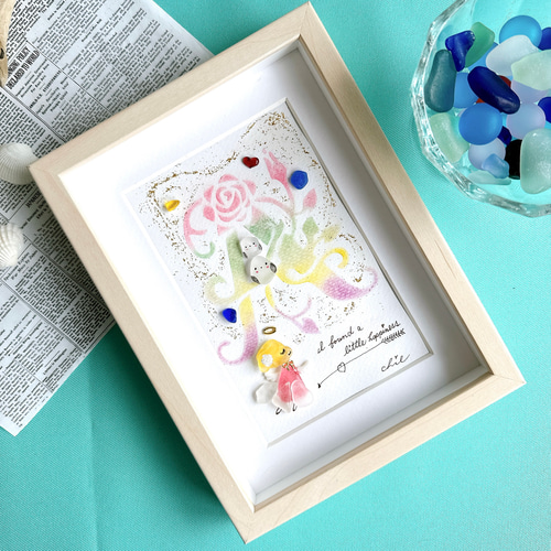 シーグラスアート no75 『イニシャルAの天使さん』パステルアート 天使