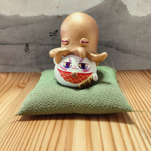 ミニ座布団【ちりめん生地】/ 抹茶・青・茶・白 / 受注生産 / 招き猫用