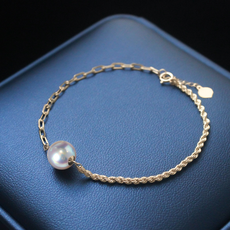 【La Corser】日本製 7-9.5mm アコヤ天然海水真珠ブレスレット 調節可能なデザイン 18Kゴールド 天球状ラウンド