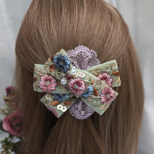 注文ページ///インド刺繍リボン　ヘアゴムorポニーフック　組み合わせ自由 ☆選べるリボン＆パーツ ヘアアクセサリー ヘアゴムorバレッタor