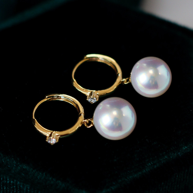 【ラコルセア】日本製天然海水アコヤ真珠7-10mmピアス、18金インレイダイヤモンド、天使級ピアス