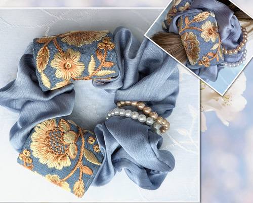 サテン生地 シュシュ 花柄 インド刺繍リボン パール飾り ブルー
