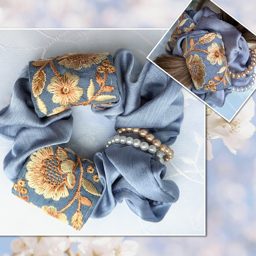 サテン生地 シュシュ 花柄 インド刺繍リボン パール飾り ブルー系