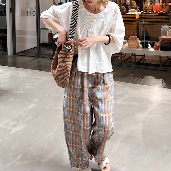 45R チェック柄　リネンタックワイドパンツ　ロングキュロット　サイズ2 45R チェック柄 リネンタックワイドパンツ ロングキュロット サイズ2
