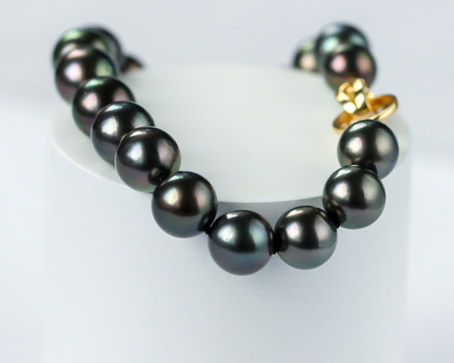 La Corser】タヒチ黒蝶真珠ブレスレット 8-10mm 黒と緑 天然海水