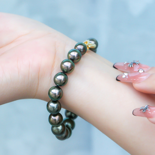 La Corser】タヒチ黒蝶真珠ブレスレット 8-10mm 黒と緑 天然海水