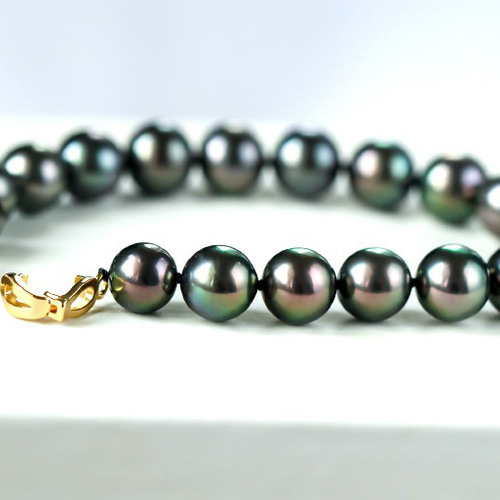 La Corser】タヒチ黒蝶真珠ブレスレット 8-10mm 黒と緑 天然海水