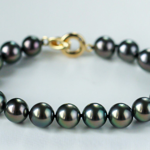 La Corser】タヒチ黒蝶真珠ブレスレット 8-10mm 黒と緑 天然海水
