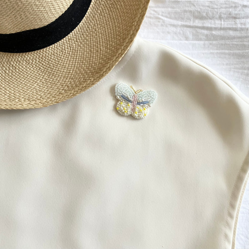蝶々 カラフル/ライトグリーン ビーズ刺繍 ブローチ/ヘアゴム ブローチ