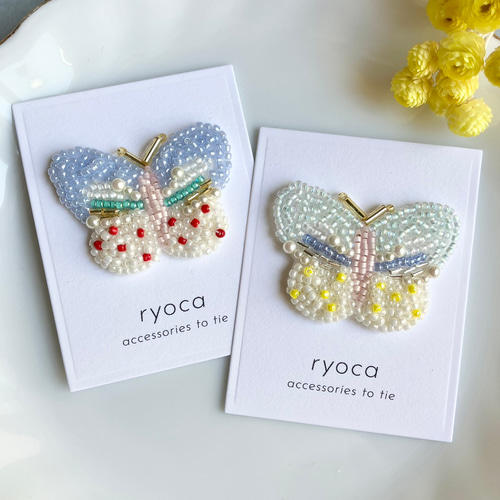 蝶々 カラフル/ライトグリーン ビーズ刺繍 ブローチ/ヘアゴム ブローチ