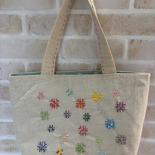 ビーズ刺し子 ハンドメイド ビーズ刺繍 トートバッグ ランチバッグ お