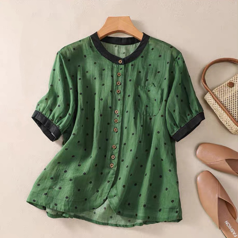 夏、綿麻シャツ、コットンリネンシャツ、シャツ、トップス、受注生産、クロムグリーン