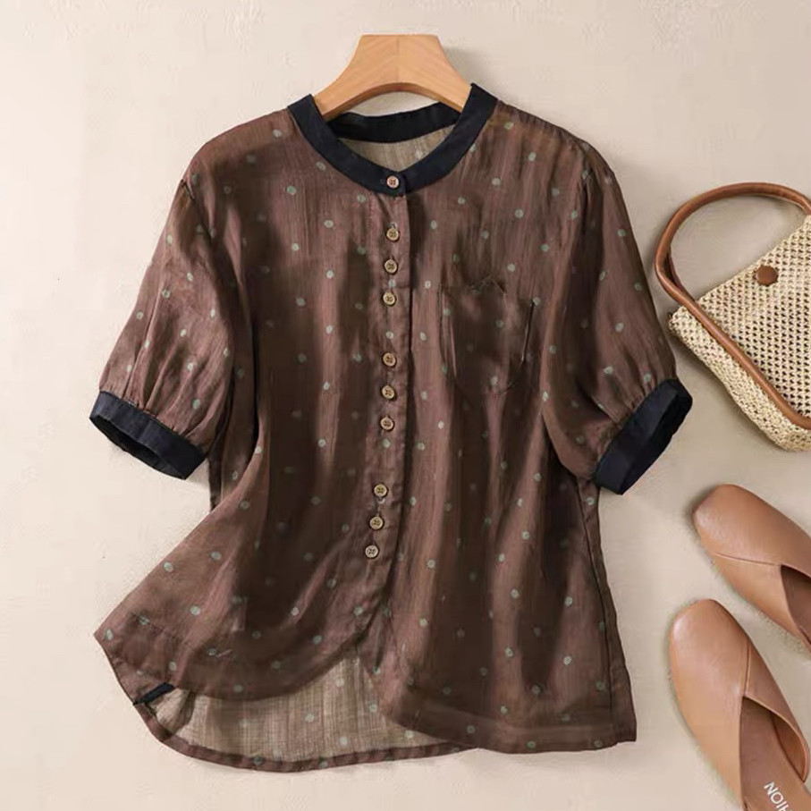 夏、綿麻シャツ、コットンリネンシャツ、シャツ、トップス、受注生産、セピア