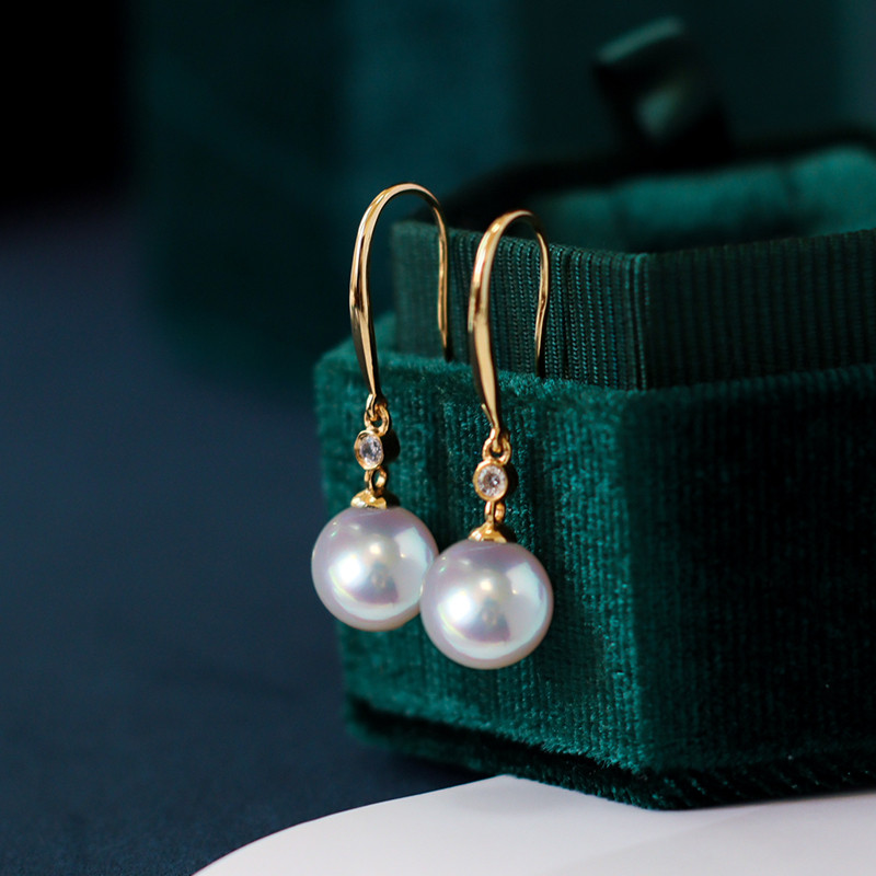 【La Corser】シンプルスタイル 日本製 7-10号 アコヤ天然海水真珠ピアス 耳かけピアス 18Kゴールド ダイヤモンド