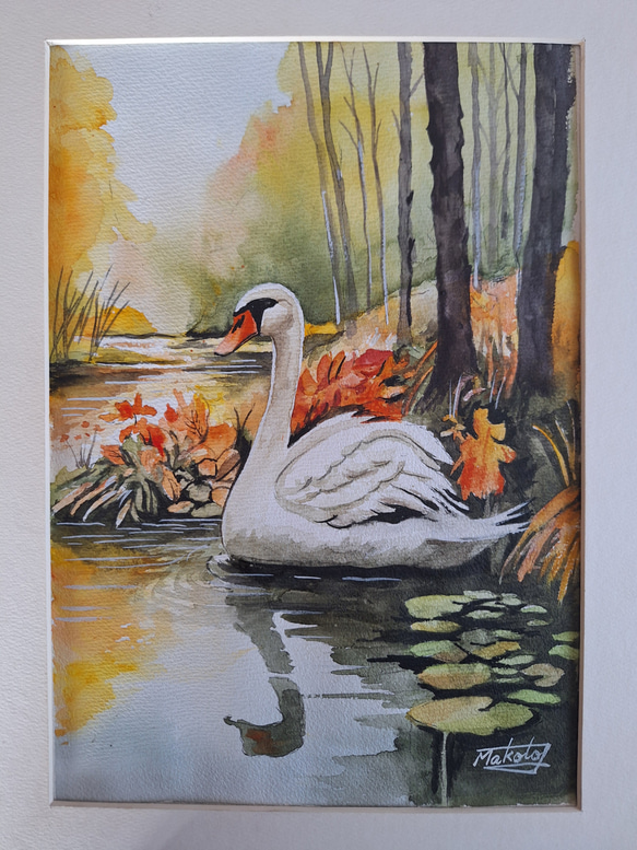 ♡たまみな♡水彩画　秋と仲良しな小鳥　値段は※900円です 水彩画 秋色に染まる白鳥 絵画 makochin 通販 19476962｜Creema
