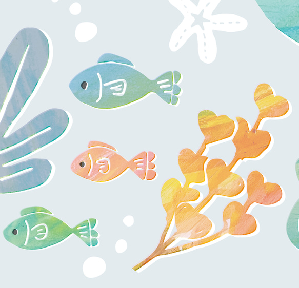 海の生き物の誕生日タペストリー/水色 横長(壁掛け 簡単) ミシン仕上げ フォト用背景布 7枚目の画像