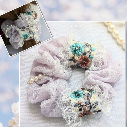 レジンヘアゴム　インド刺繍リボン　ベージュ　紫陽花　2連　綺麗個性的 レジンヘアゴムインド刺繍リボンベージュ紫陽花2連綺麗個性的 レジン