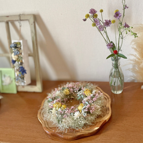 スモークツリー バラ HBスターチスのくすみリース ドライフラワー