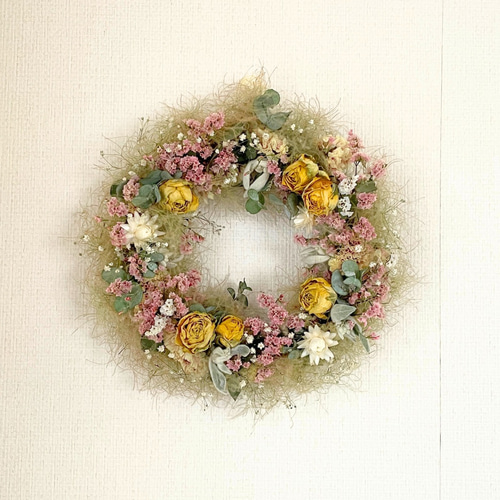 フレッシュ★30㌢超え　スモークツリー可愛いリース★ハイブリッドスターチス　癒し フレッシュ☆30㌢超えスモークツリー可愛いリース☆ハイブリッド