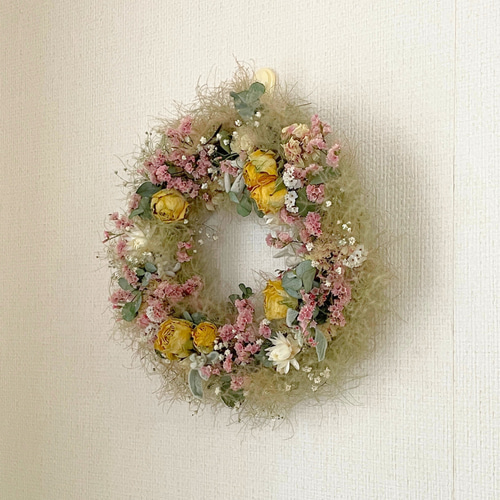 スモークツリー バラ HBスターチスのくすみリース ドライフラワー