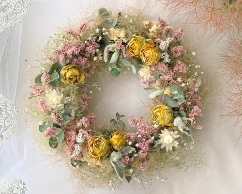 スモークツリー バラ HBスターチスのくすみリース ドライフラワー