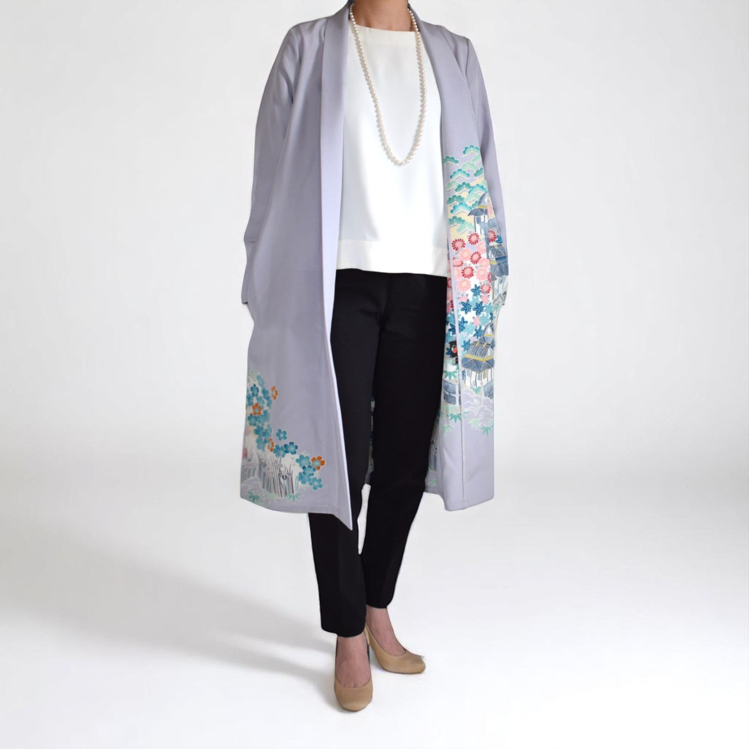 カーディガン風羽織コート／ネイビー／上品＆華やか／和【着物リメイク】