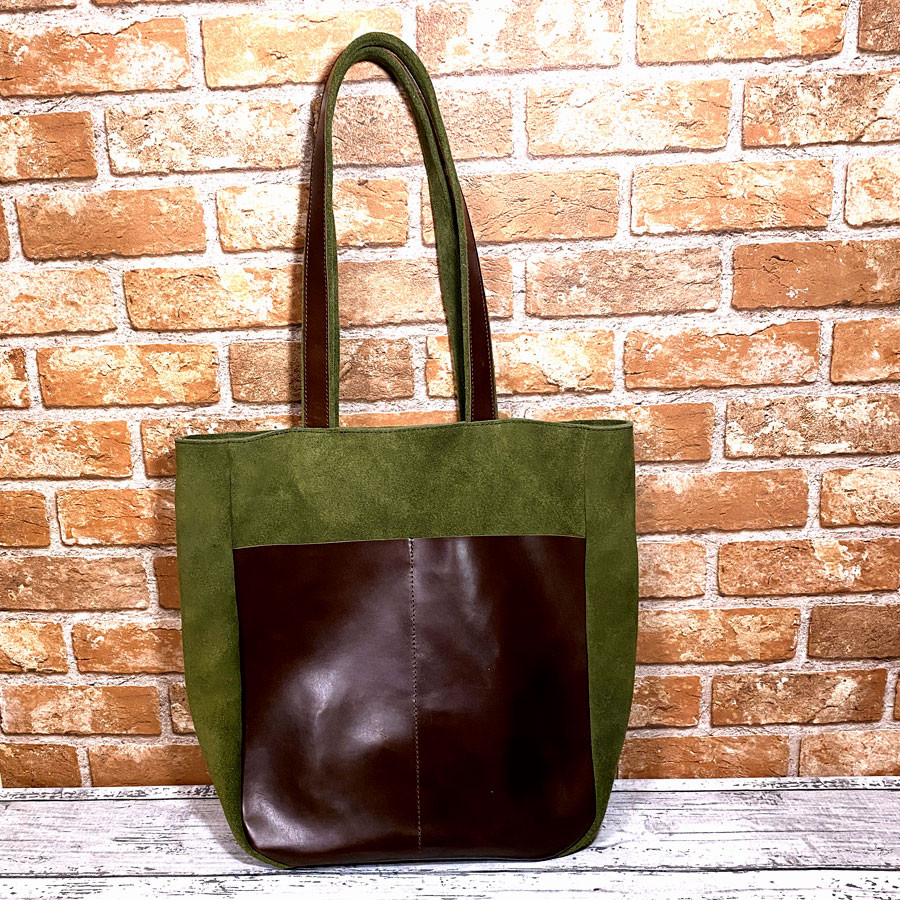 送料無料 トートバッグ レザーバッグ A4 ベロア 牛革 ハンドメイド タンニン 裏地つき 綿生地 グリーン