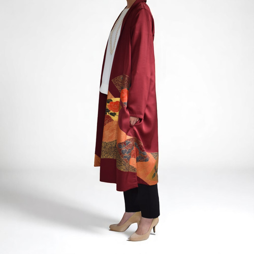 カーディガン風羽織コート／赤紫、金／上品＆華やか／和【着物リメイク