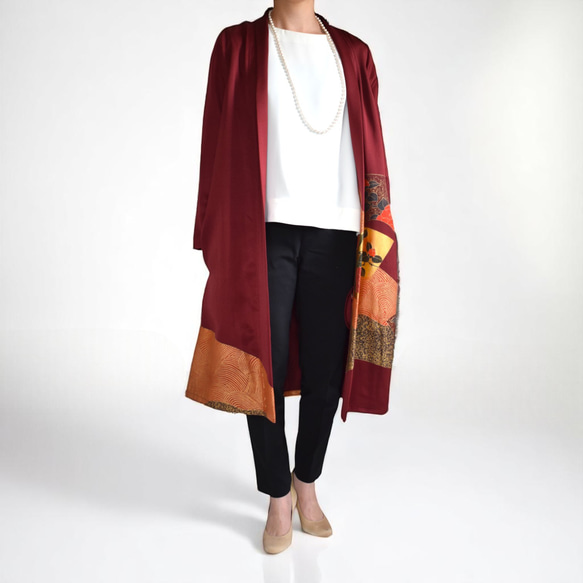 カーディガン風羽織コート／赤紫、金／上品＆華やか／和【着物リメイク