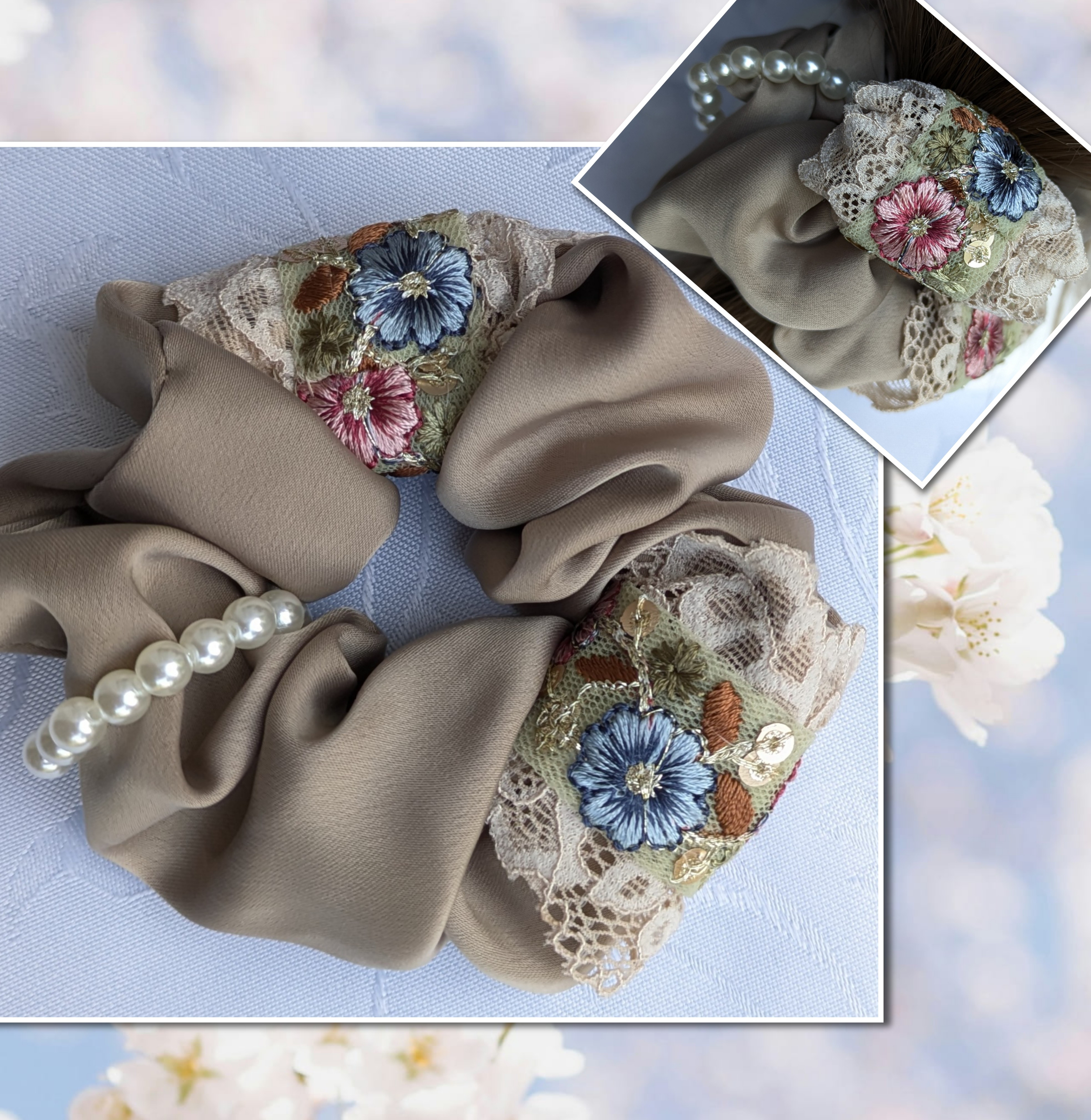 ハンドメイド☆刺繍リボンと引き揃え糸のヴィンテージ風ヘアアクセサリー