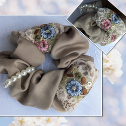 シュシュ ヘアアクセサリー 花柄 インド刺繍リボン レースビーズ