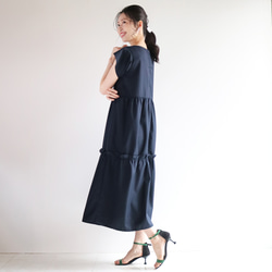 夏季清涼羊毛新作【藏青色】鬱金香袖層疊長裙♪ 第4張的照片