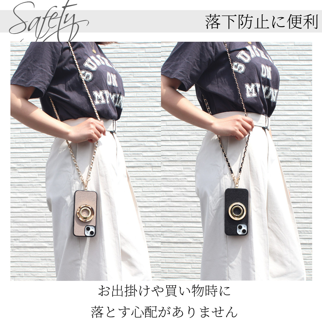 iPhone14 ケース レザー リング付き 14Pro 14ProMAX チェーン ストラップ べっ甲 大人かわいい