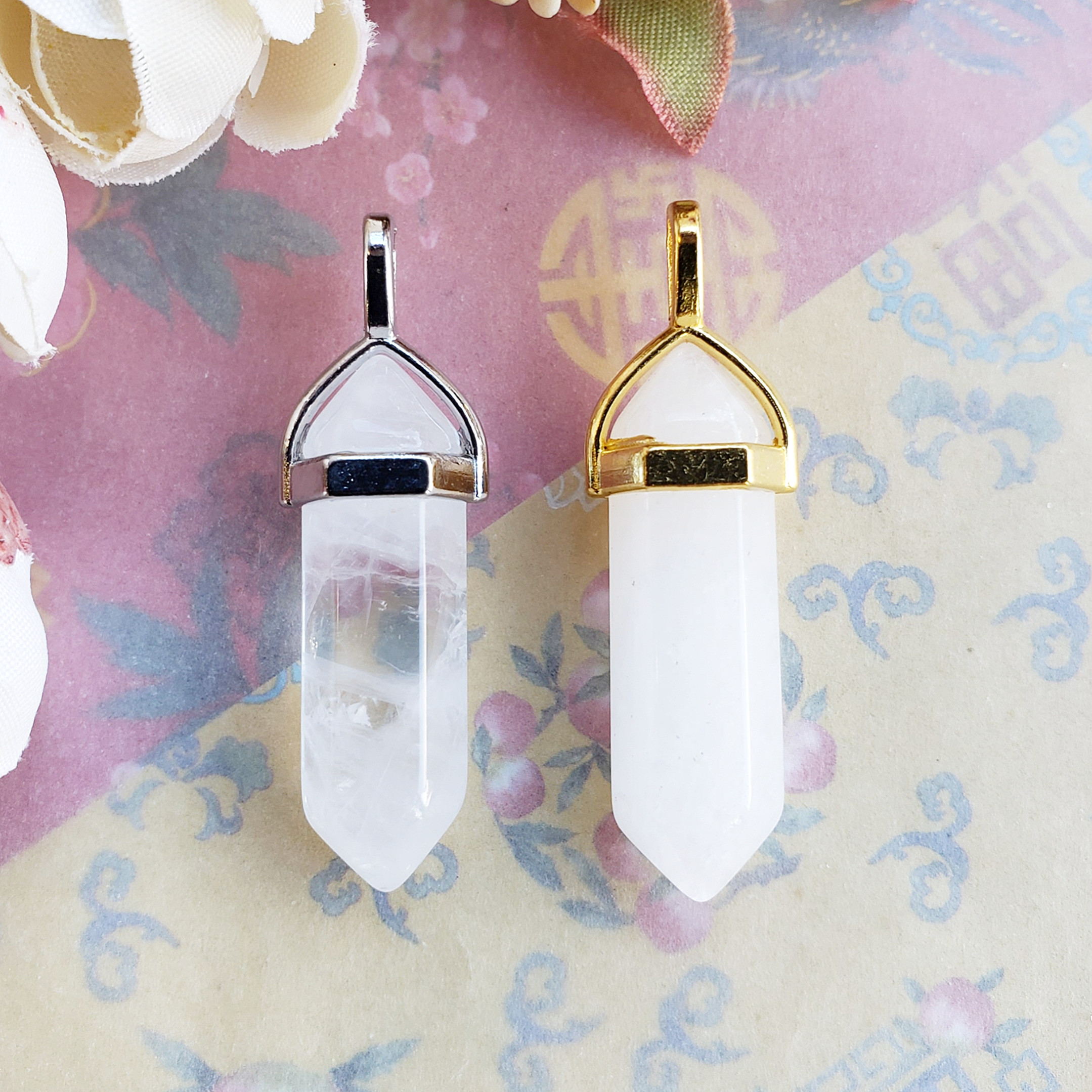 1個 水晶 六角形 天然石 お守り 弾丸 ネックレストップ ペンダント