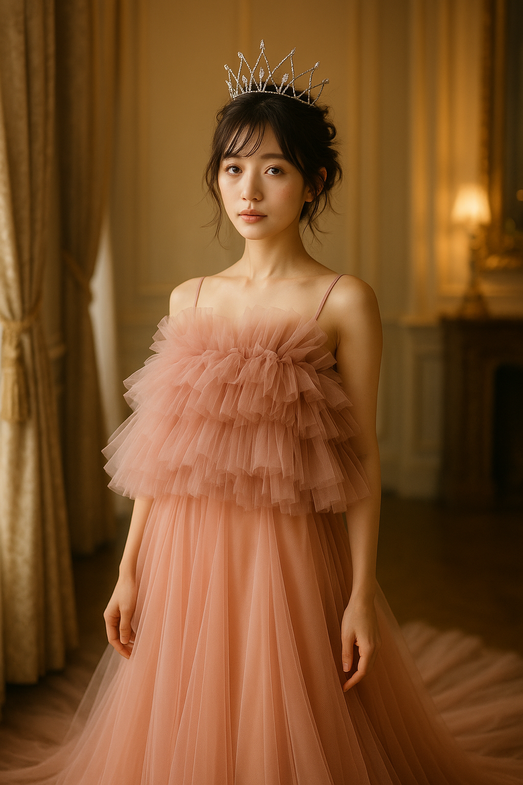 フリル チュールドレス コーラルピンク キャミソール　トレーン　結婚式　前撮り　二次会　披露宴