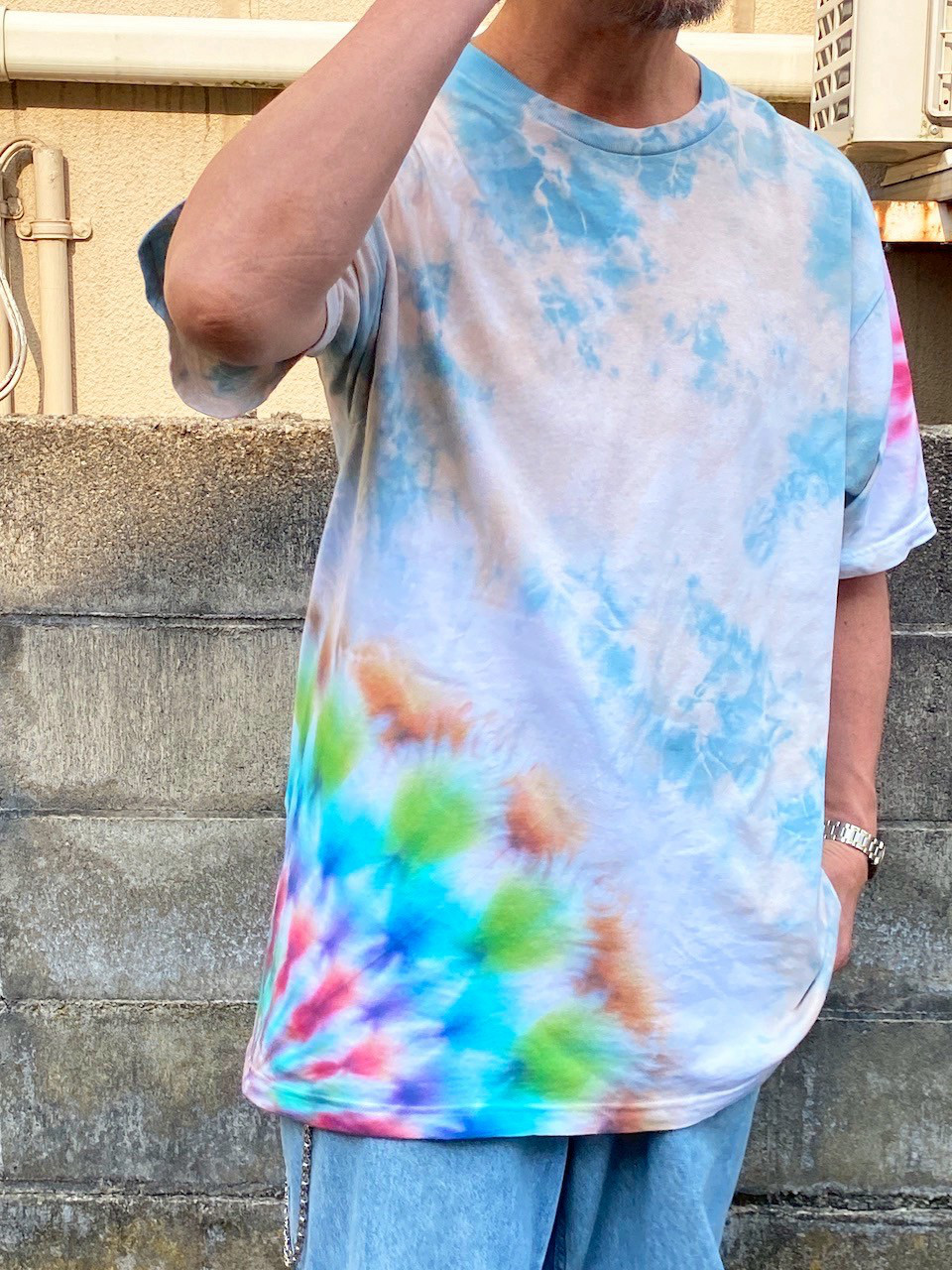 タイダイ Tシャツ XXLサイズ 曼荼羅 ブルー×ベージュ ムラ染め Hippies Dye HD24-22
