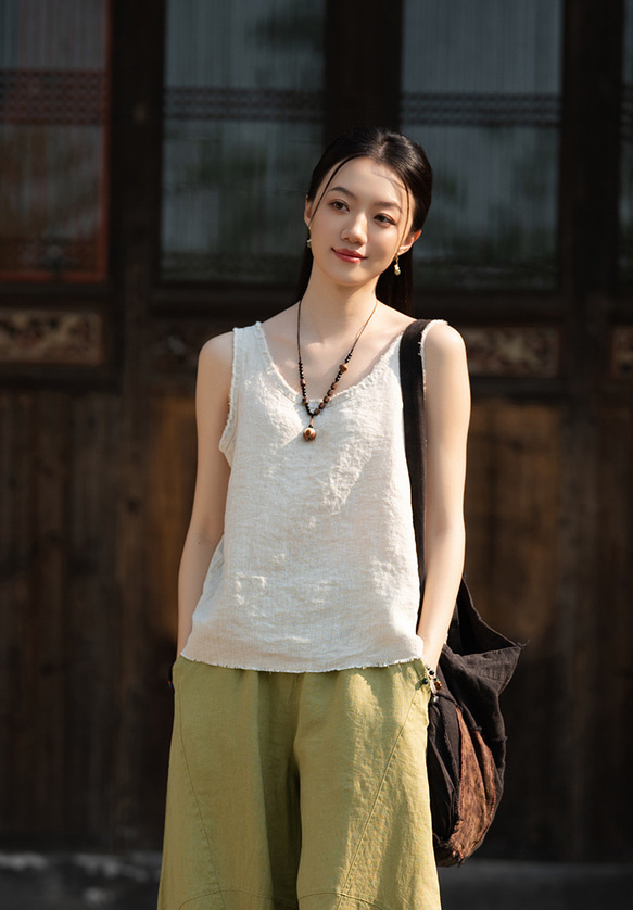 100%亜麻夏の薄手純色タンクトップ 毛縁のキャミソール #亜麻色