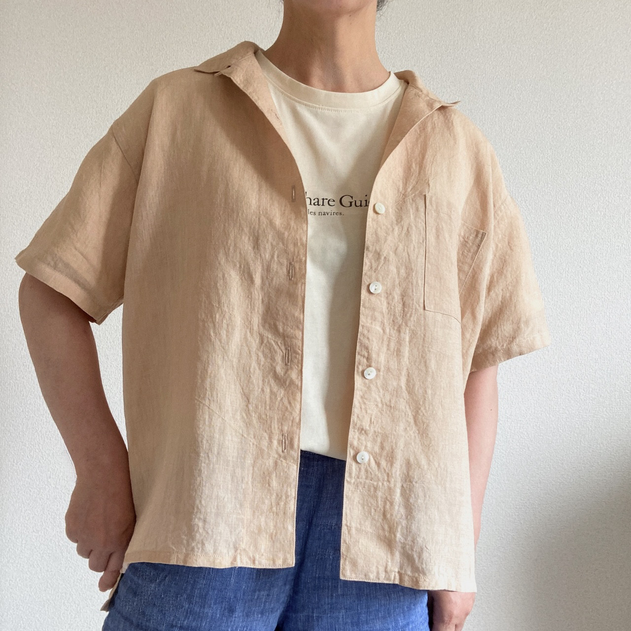 [Ｓ]天日干しリネンオープンカラーシャツ/ミルクティー