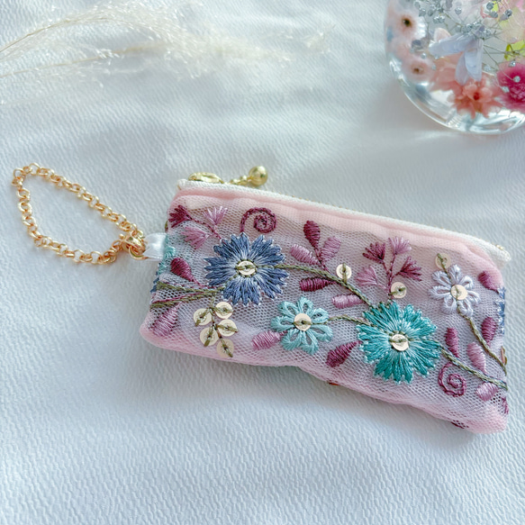 インド刺繍リボン♡10cmファスナーのリップケース♡ミニポーチ♡バッグ