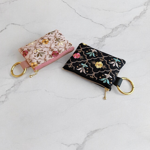 【数量限定】豪華インド刺繍生地◆総刺繍/カラビナ付きフラットポーチ＆マルチポーチセット 6枚目の画像